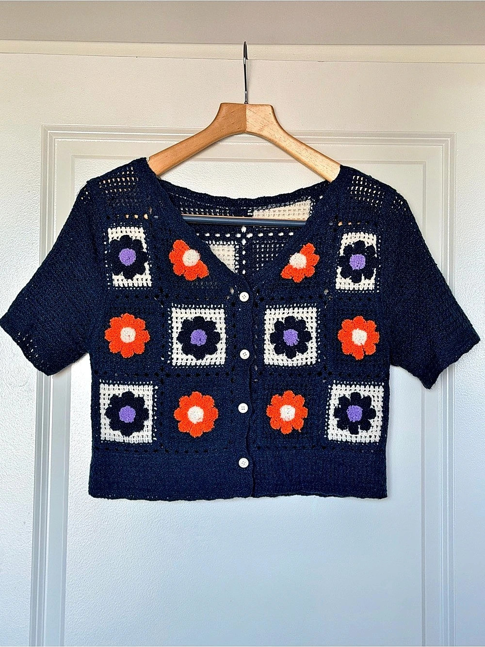 Handmade Floral Crochet Granny Square Cropped Cardigan Navy S
